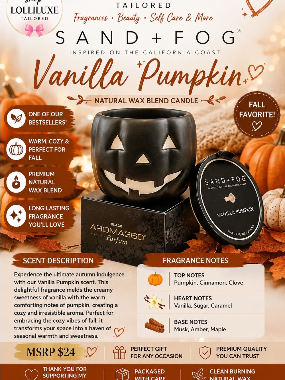 SAND+FOG Vanilla Pumpkin Black Jack-o'-Lantern Candle